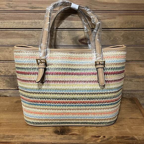 Style & Co Women’s Woven Straw Shoulder Bag NWT Spring Colors Faux Leather Trim - Picture 4 of 15